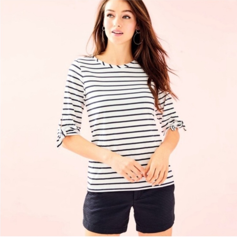 Lilly Pulitzer Preston Top‎ White Bright Navy Stripe 3/4 Sleeve Ties Small